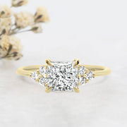 Noah James Jewellers Manchester Engagement Ring Margot Princess and Round Brilliant Cut Trefoil Shoulder Engagement Ring Yellow Gold Lab Grown Diamond Moissanite