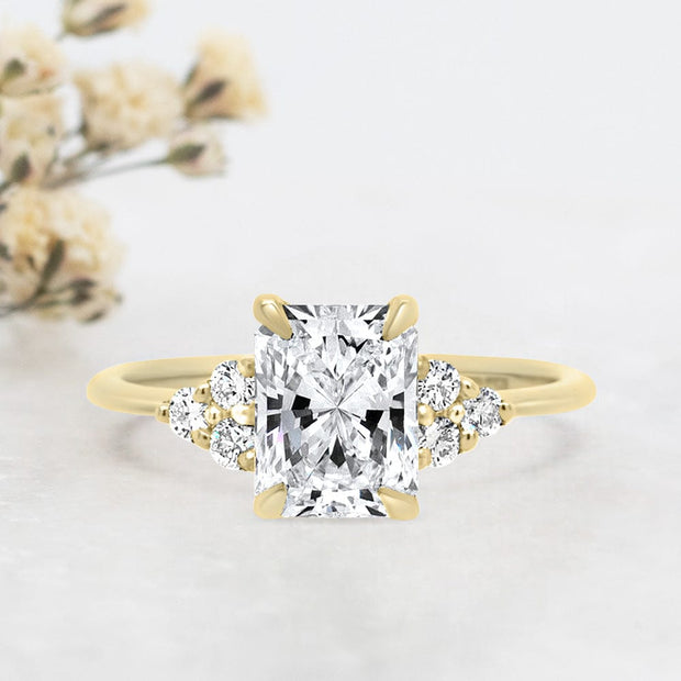 Noah James Jewellers Manchester Engagement Ring Margot Radiant and Round Brilliant Cut Trefoil Shoulder Engagement Ring Yellow Gold Lab Grown Diamond Moissanite
