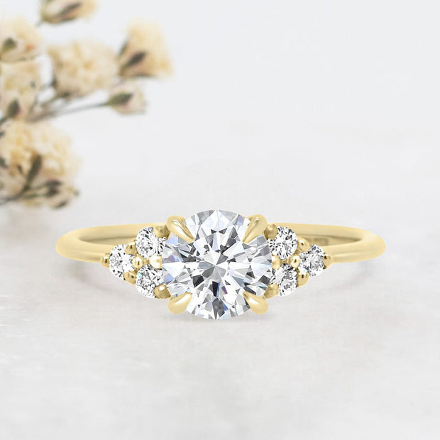Noah James Jewellers Manchester Engagement Ring Margot Round Brilliant Cut Trefoil Shoulder Engagement Ring Yellow Gold Lab Grown Diamond Moissanite