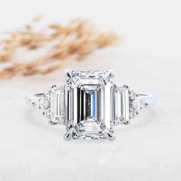 Noah James Jewellers Manchester Engagement Ring Platinum Melissa Emerald Cut Fancy Baguette Cluster Shoulder Engagement Ring Platinum Lab Grown Diamond Moissanite