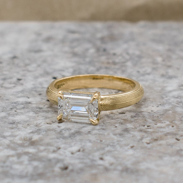 Noah James Jewellers Manchester Bespoke Gallery BESPOKE ENERALD CUT EAST WEST SET SOLITAIRE YELLOW GOLD ENGAGEMENT RING Lab Grown Diamond Moissanite
