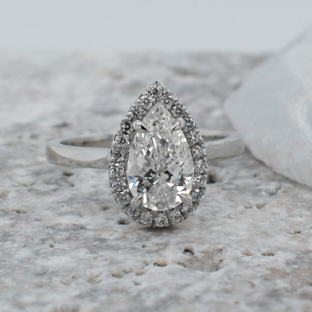 Noah James Jewellers Manchester Bespoke Gallery BESPOKE PEAR SHAPE HALO ENGAGEMENT RING Lab Grown Diamond Moissanite