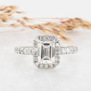 Noah James Jewellers Manchester Engagement Ring Adele Emerald Cut Halo Engagement Ring Platinum Lab Grown Diamond Moissanite