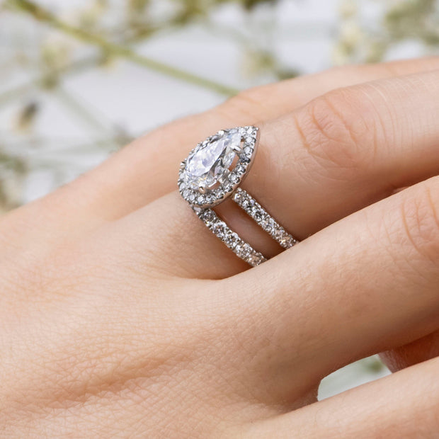 Noah James Jewellers Manchester Engagement Ring Adele Pear Shape Halo Engagement Ring Platinum Lab Grown Diamond Moissanite