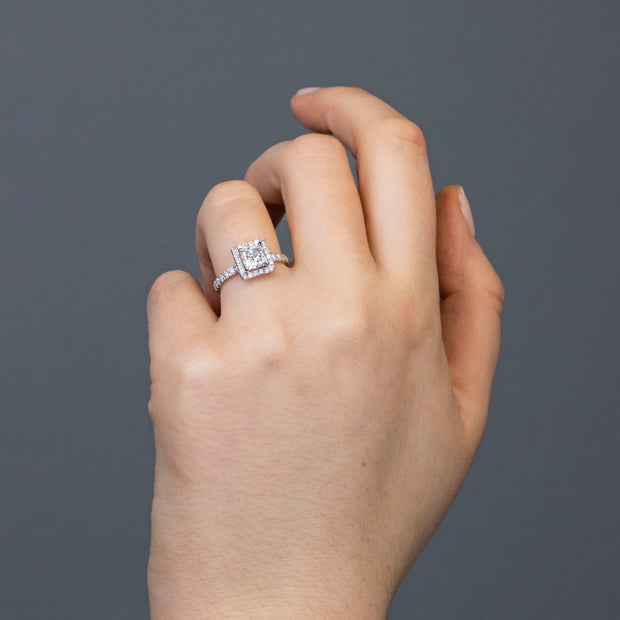 Noah James Jewellers Manchester Engagement Ring Adele Princess Cut Halo Engagement Ring Platinum Lab Grown Diamond Moissanite