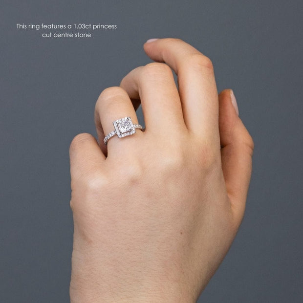 Noah James Jewellers Manchester Engagement Ring Adele Princess Cut Halo Engagement Ring Platinum Lab Grown Diamond Moissanite