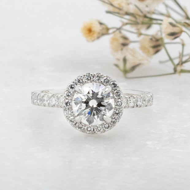 Noah James Jewellers Manchester Engagement Ring Adele Round Brilliant Cut Halo Engagement Ring Platinum Lab Grown Diamond Moissanite