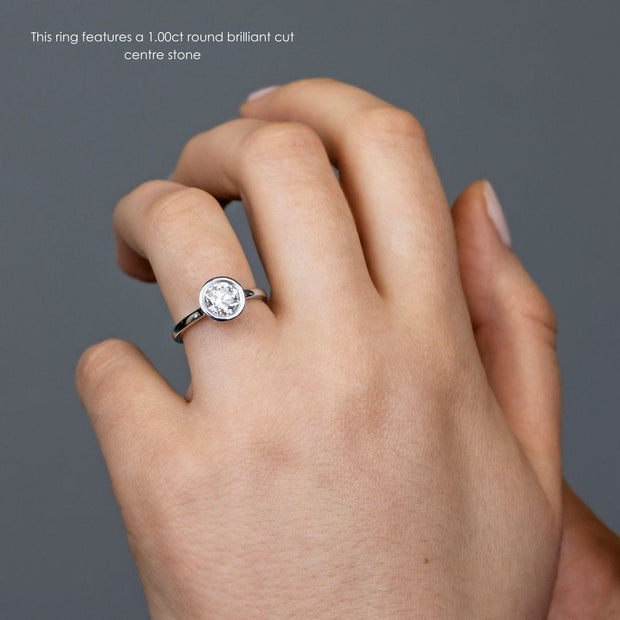 Noah James Jewellers Manchester Engagement Ring Alyssa Round Brilliant Cut Rubover Solitaire Engagement Ring Platinum Lab Grown Diamond Moissanite