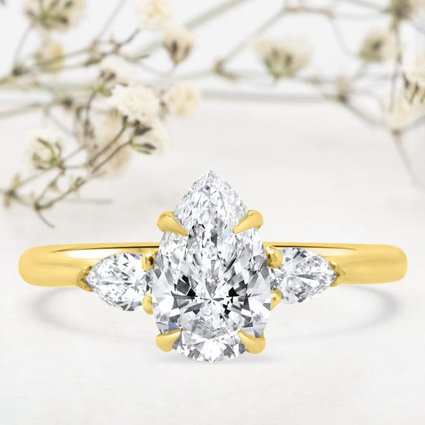 Noah James Jewellers Manchester Engagement Ring Flora 3 Stone Pear Shape Engagement Ring Yellow Gold Lab Grown Diamond Moissanite