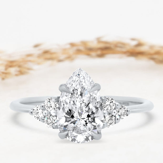 Noah James Jewellers Manchester Engagement Ring Margot Pear and Round Brilliant Cut Trefoil Shoulder Engagement Ring Platinum Lab Grown Diamond Moissanite