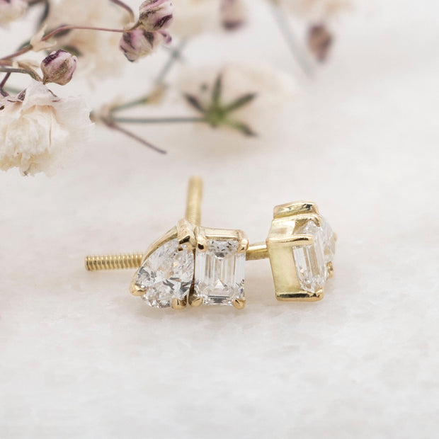 Noah James Jewellers Manchester In Stock Earring Venus Toi et Moi Style Pear and Emerald Cut 2 Stone Lab Grown Diamond Earrings - Yellow Gold Lab Grown Diamond Moissanite