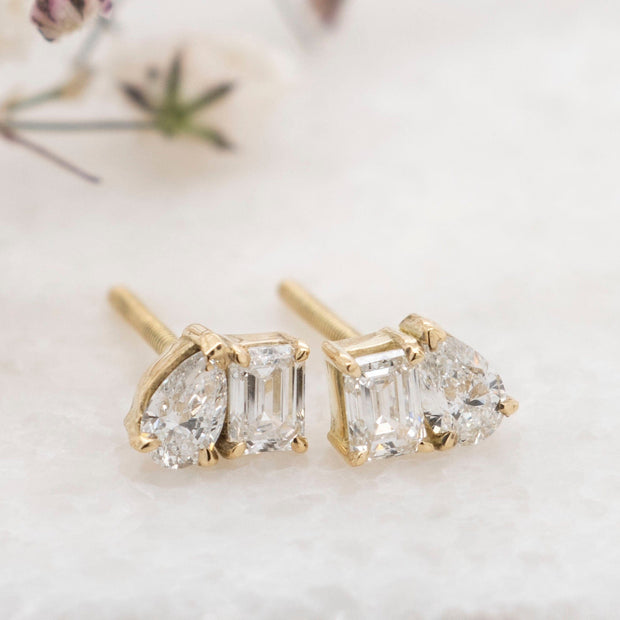 Noah James Jewellers Manchester In Stock Earring Venus Toi et Moi Style Pear and Emerald Cut 2 Stone Lab Grown Diamond Earrings - Yellow Gold Lab Grown Diamond Moissanite