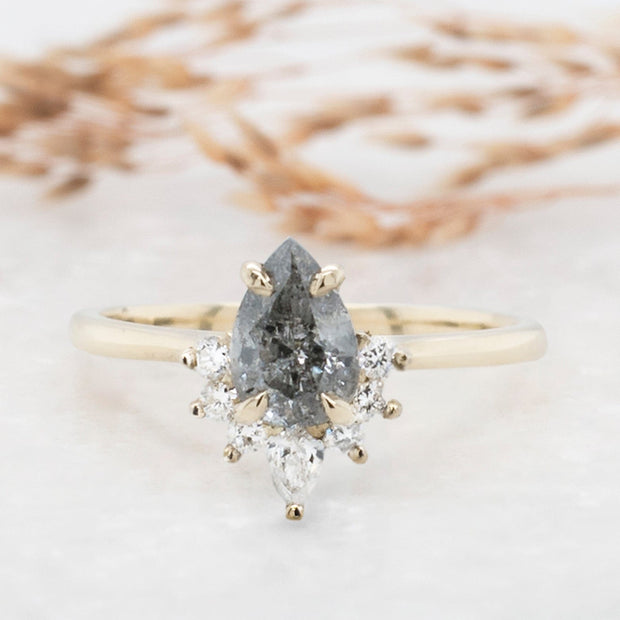 Noah James Jewellers Manchester In Stock Engagement Ring Adriana Pear Salt and Pepper Diamond Engagement Ring with Fancy Half Halo Lab Grown Diamond Moissanite