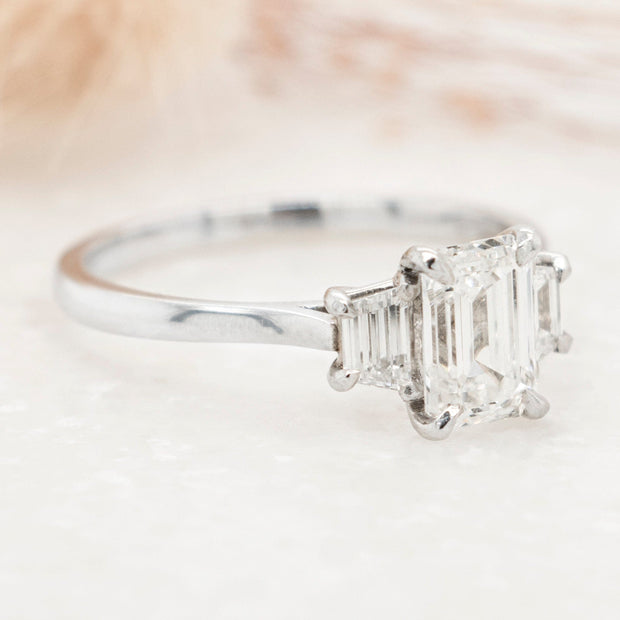 Noah James Jewellers Manchester In Stock Engagement Ring Camille Emerald Cut and Trapeze Cut 3 Stone Lab Grown Diamond Engagement Ring Platinum Lab Grown Diamond Moissanite