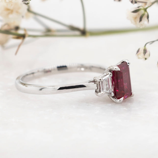 Noah James Jewellers Manchester In Stock Engagement Ring Camille Emerald Cut and Trapeze Cut 3 Stone Lab Grown Ruby Engagement Ring Platinum Lab Grown Diamond Moissanite