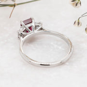 Noah James Jewellers Manchester In Stock Engagement Ring Camille Emerald Cut and Trapeze Cut 3 Stone Lab Grown Ruby Engagement Ring Platinum Lab Grown Diamond Moissanite