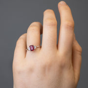 Noah James Jewellers Manchester In Stock Engagement Ring Camille Emerald Cut and Trapeze Cut 3 Stone Lab Grown Ruby Engagement Ring Platinum Lab Grown Diamond Moissanite