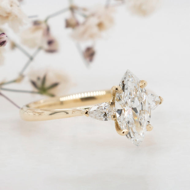 Noah James Jewellers Manchester In Stock Engagement Ring Flora Marquise and Pear Shaped 3 Stone Lab Grown Diamond Engagement Ring Yellow Gold Lab Grown Diamond Moissanite