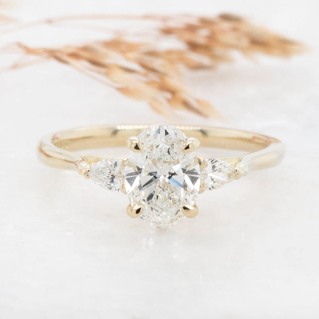 Noah James Jewellers Manchester In Stock Engagement Ring Flora Oval and Pear Shaped 3 Stone Lab Grown Diamond Engagement Ring 18ct Yellow Gold 1ct Lab Grown Diamond Moissanite