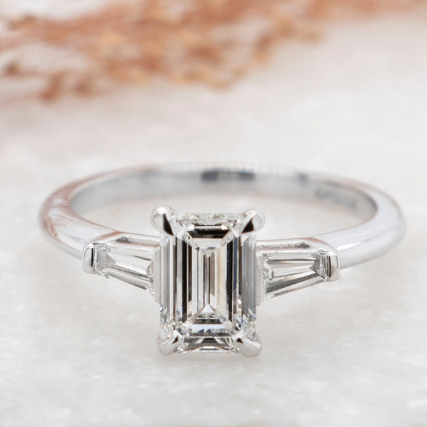 Noah James Jewellers Manchester In Stock Engagement Ring Iris Emerald Cut and Tapered Baguette 3 Stone Lab Grown Diamond Engagement Ring Platinum 1.00ct Lab Grown Diamond Moissanite