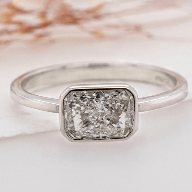 Noah James Jewellers Manchester In Stock Engagement Ring Rosa Radiant Cut Lab Grown Diamond East West Rubover Solitaire Engagement Ring 1.00ct Platinum Lab Grown Diamond Moissanite