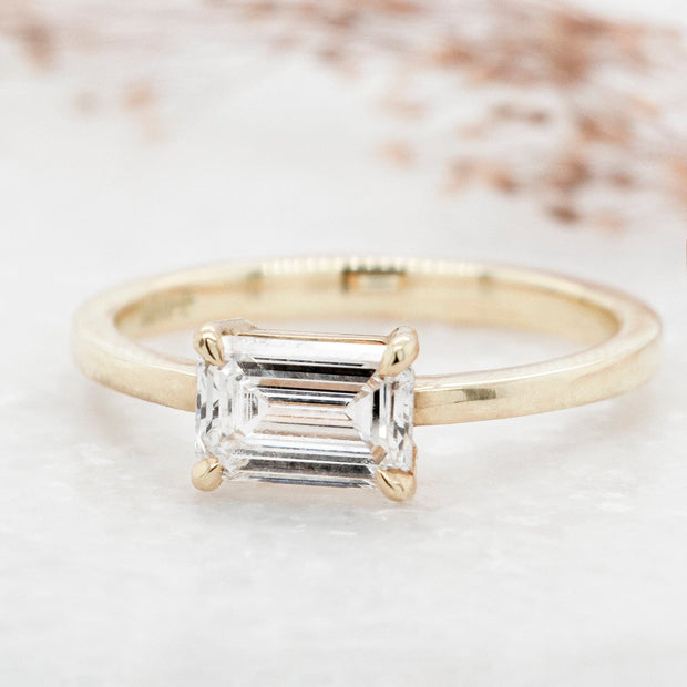 Noah James Jewellers Manchester In Stock Engagement Ring Thalia Emerald Cut East West Claw Set Lab Grown Diamond Solitaire Engagement Ring Yellow Gold - 1ct Lab Grown Diamond Moissanite