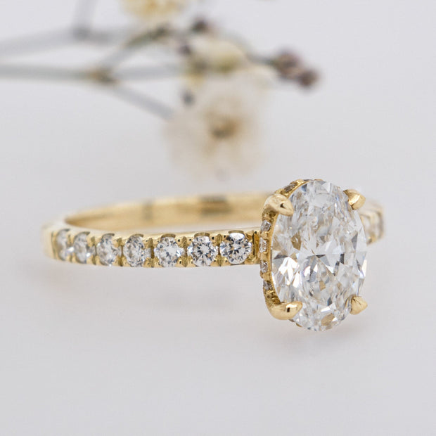Noah James Jewellers Manchester In Stock Engagement Ring Thea Oval Cut Lab Grown Diamond Shoulder Hidden Halo Engagement Ring 1.00ct Yellow Gold Lab Grown Diamond Moissanite