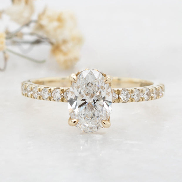 Noah James Jewellers Manchester In Stock Engagement Ring Thea Oval Cut Lab Grown Diamond Shoulder Hidden Halo Engagement Ring 1.00ct Yellow Gold Lab Grown Diamond Moissanite