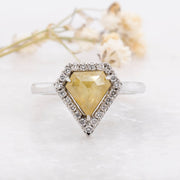 Noah James Jewellers Manchester In Stock Engagement Ring Yellow Rustic Shield Cut Diamond Halo Engagement Ring - Platinum Lab Grown Diamond Moissanite