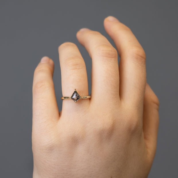 Noah James Jewellers Manchester In Stock Engagement Ring Ona Kite Shape Salt and Pepper Diamond Solitaire Ring Yellow Gold Lab Grown Diamond Moissanite