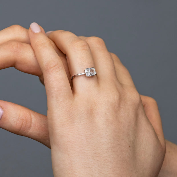 Noah James Jewellers Manchester In Stock Engagement Ring Rosa Radiant Cut Lab Grown Diamond East West Rubover Solitaire Engagement Ring 1.00ct Platinum Lab Grown Diamond Moissanite