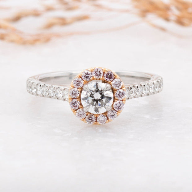 Noah James Jewellers Manchester In Stock Engagement Ring Round Brilliant Cut Pink Halo Engagement Ring Lab Grown Diamond Moissanite