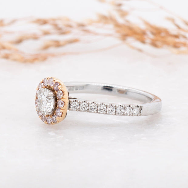 Noah James Jewellers Manchester In Stock Engagement Ring Round Brilliant Cut Pink Halo Engagement Ring Lab Grown Diamond Moissanite
