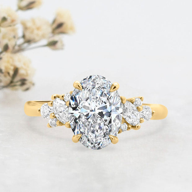 Noah James Jewellers Manchester Engagement Ring 18ct Yellow Selena Oval Cut Fancy Cluster Shoulder Engagement Ring Platinum Lab Grown Diamond Moissanite