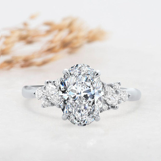 Noah James Jewellers Manchester Engagement Ring Platinum Selena Oval Cut Fancy Cluster Shoulder Engagement Ring Platinum Lab Grown Diamond Moissanite