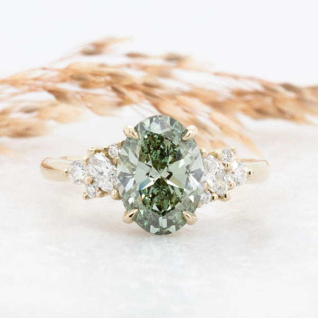 Noah James Jewellers Manchester In Stock Engagement Ring Selena Oval Cut Green Lab Grown Diamond Engagement Ring with fancy cluster shoulders 18ct yellow gold 2.00ct Lab Grown Diamond Moissanite