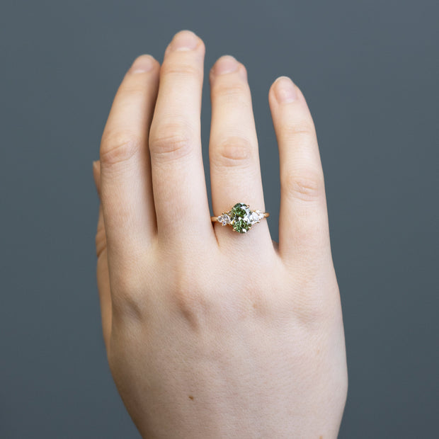 Noah James Jewellers Manchester In Stock Engagement Ring Selena Oval Cut Green Lab Grown Diamond Engagement Ring with fancy cluster shoulders 18ct yellow gold 2.00ct Lab Grown Diamond Moissanite