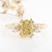 Noah James Jewellers Manchester In Stock Engagement Ring Sylvia 3 Cushion Cut Lab Grown Yellow Diamond Engagement Ring with fancy marquise cluster 18ct Yellow Gold 1.70ct Lab Grown Diamond Moissanite