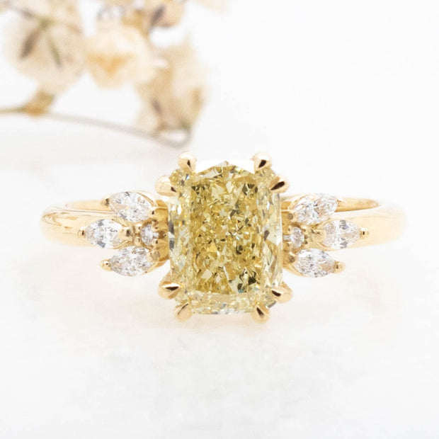 Noah James Jewellers Manchester In Stock Engagement Ring Sylvia 3 Cushion Cut Lab Grown Yellow Diamond Engagement Ring with fancy marquise cluster 18ct Yellow Gold 1.70ct Lab Grown Diamond Moissanite