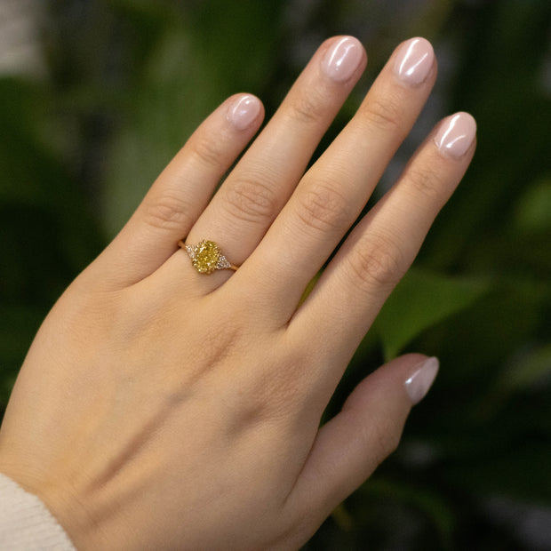 Sylvia 3 Cushion Cut Lab Grown Yellow Diamond Engagement Ring with fancy marquise cluster 18ct Yellow Gold 1.70ct