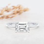 Noah James Jewellers Manchester Engagement Ring Thalia Emerald Cut East West Claw Set Solitaire Engagement Ring Platinum Lab Grown Diamond Moissanite