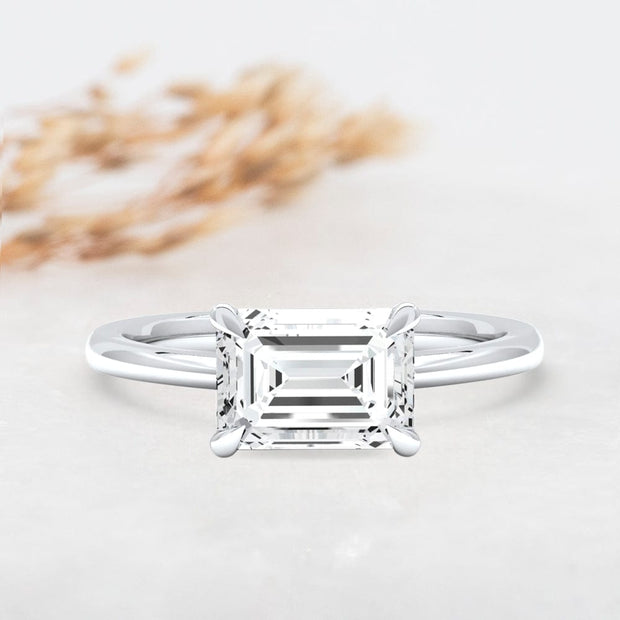 Noah James Jewellers Manchester Engagement Ring Thalia Emerald Cut East West Claw Set Solitaire Engagement Ring Platinum Lab Grown Diamond Moissanite