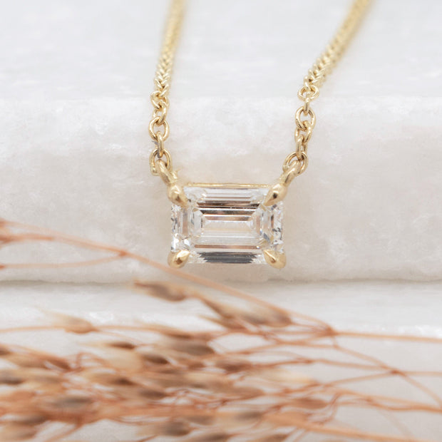 Noah James Jewellers Manchester In Stock Pendant Thalia Emerald Cut Lab Grown Diamond Claw Set Pendant Yellow Gold 0.70ct Lab Grown Diamond Moissanite