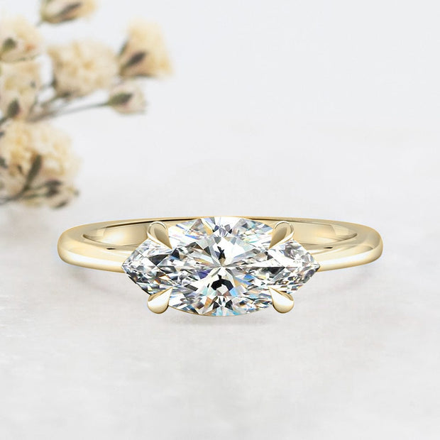 Noah James Jewellers Manchester Engagement Ring Thalia Marquise Cut East West Claw Set Solitaire Engagement Ring Yellow Gold Lab Grown Diamond Moissanite