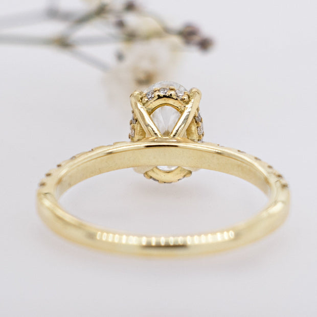 Noah James Jewellers Manchester In Stock Engagement Ring Thea Oval Cut Lab Grown Diamond Shoulder Hidden Halo Engagement Ring 1.00ct Yellow Gold Lab Grown Diamond Moissanite