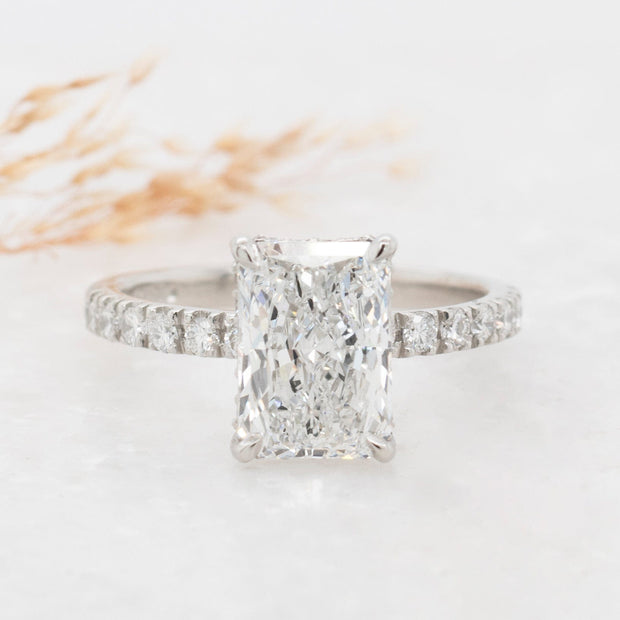 Noah James Jewellers Manchester In Stock Engagement Ring Thea Radiant Cut Lab Grown Diamond Hidden Halo Engagement diamond set band Platinum 2.00ct Lab Grown Diamond Moissanite