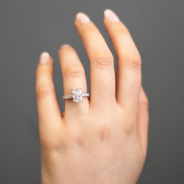 Noah James Jewellers Manchester In Stock Engagement Ring Thea Radiant Cut Lab Grown Diamond Hidden Halo Engagement diamond set band Platinum 2.00ct Lab Grown Diamond Moissanite