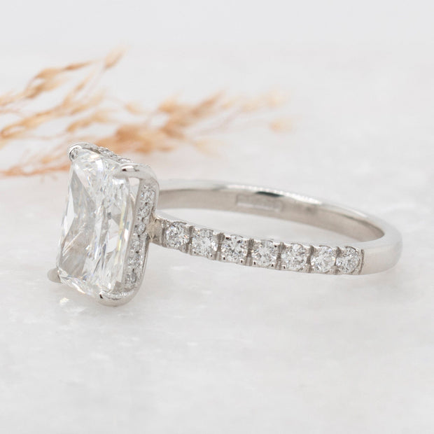 Noah James Jewellers Manchester In Stock Engagement Ring Thea Radiant Cut Lab Grown Diamond Hidden Halo Engagement diamond set band Platinum 2.00ct Lab Grown Diamond Moissanite