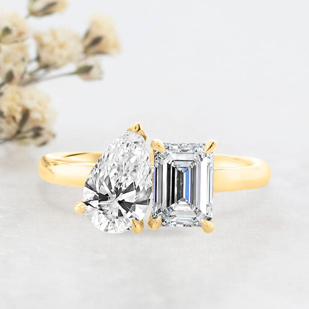 Noah James Jewellers Manchester Engagement Ring 18ct Yellow Venus Pear Shape and Emerald cut Toi et Moi Shoulder Engagement Ring Yellow Gold Lab Grown Diamond Moissanite