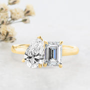 Noah James Jewellers Manchester Engagement Ring Venus Pear Shape and Emerald cut Toi et Moi Shoulder Engagement Ring Yellow Gold Lab Grown Diamond Moissanite